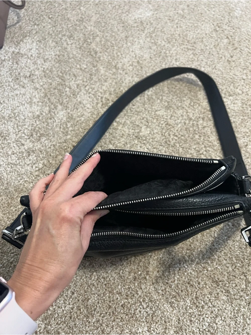 Michael Kors Black Pebbled Leather Shoulder Bag with Silver Hardware